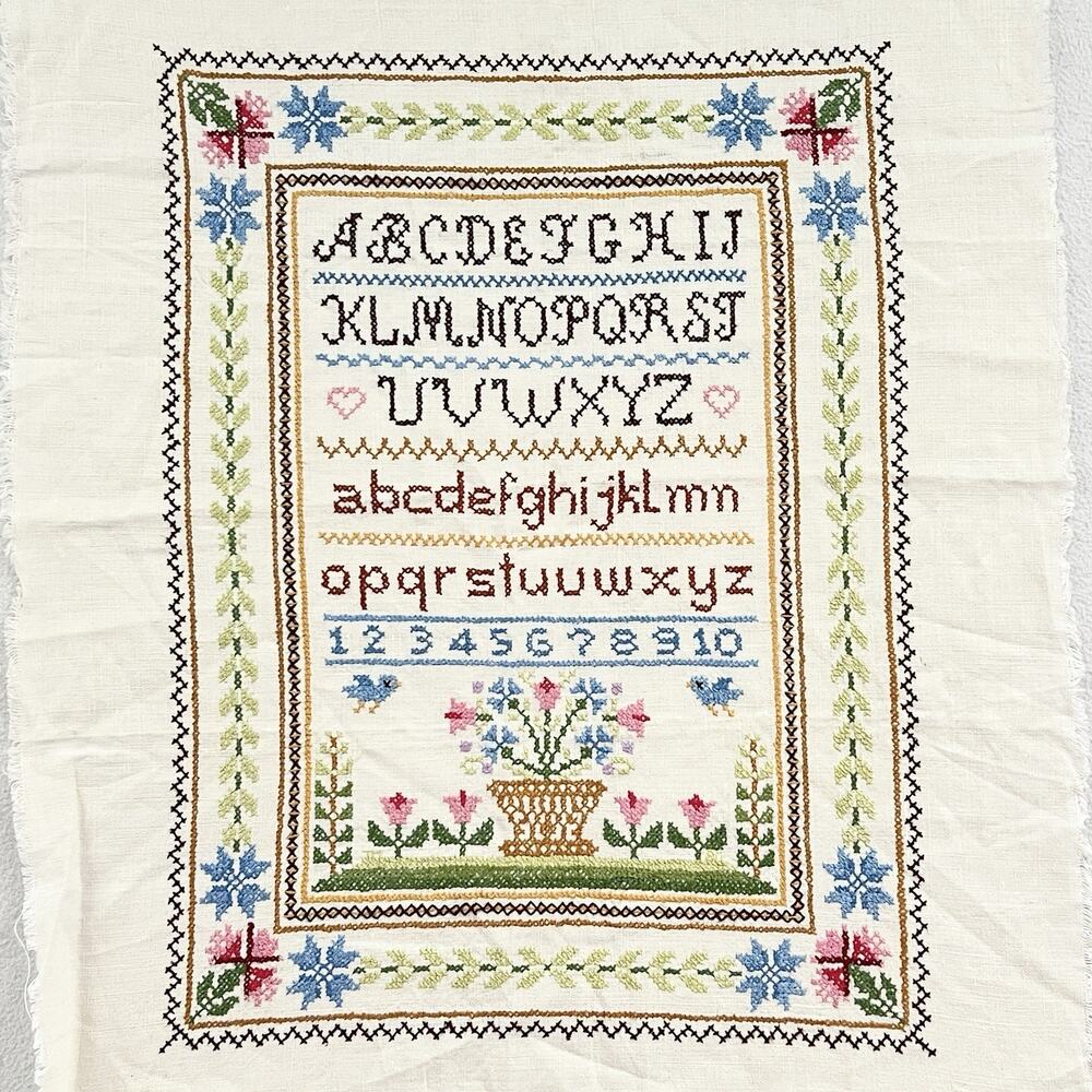 Columbia Minerva Sara Gutierrez Cross Stitch Alphabet Sampler Unframed Completed